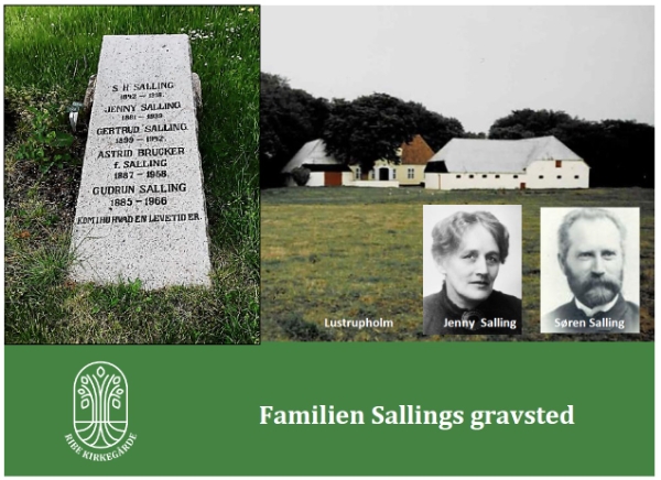 Familien Sallings gravsten og gård (Lustrupholm), med portrætbilleder af Jenny og Søren Salling